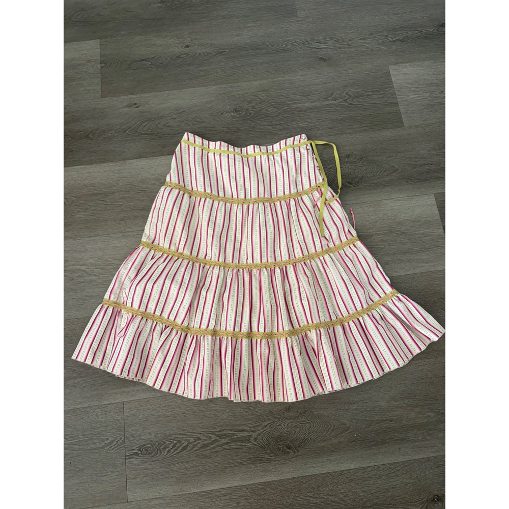 April Cornell Vintage Tiered Midi Skirt Pink White Striped Cotton Lace Trim M